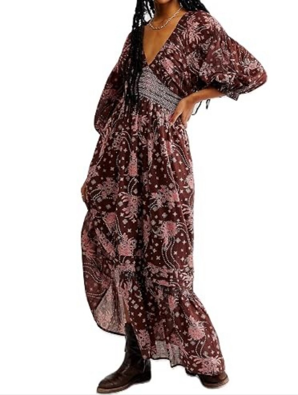FREE PEOPLE GOLDEN HOUR Smocked V-Neck Floral in Mauve Pink and Chocolate MAXI